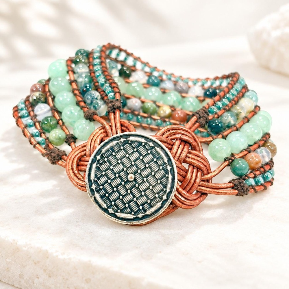 Autumn Colorful Boho Green Moss Agate Beaded Gemstone Cuff Bracelet Basketweave